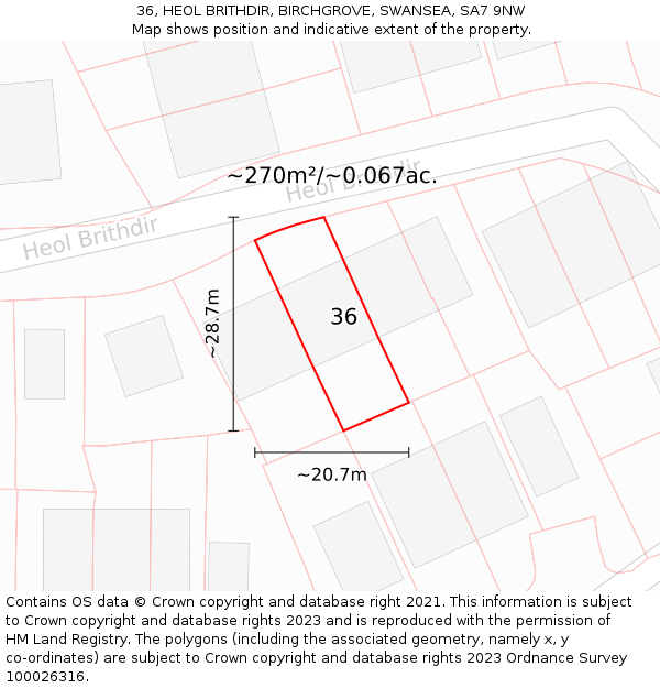 36, HEOL BRITHDIR, BIRCHGROVE, SWANSEA, SA7 9NW: Plot and title map