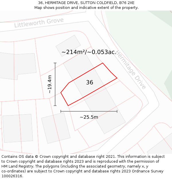 36, HERMITAGE DRIVE, SUTTON COLDFIELD, B76 2XE: Plot and title map