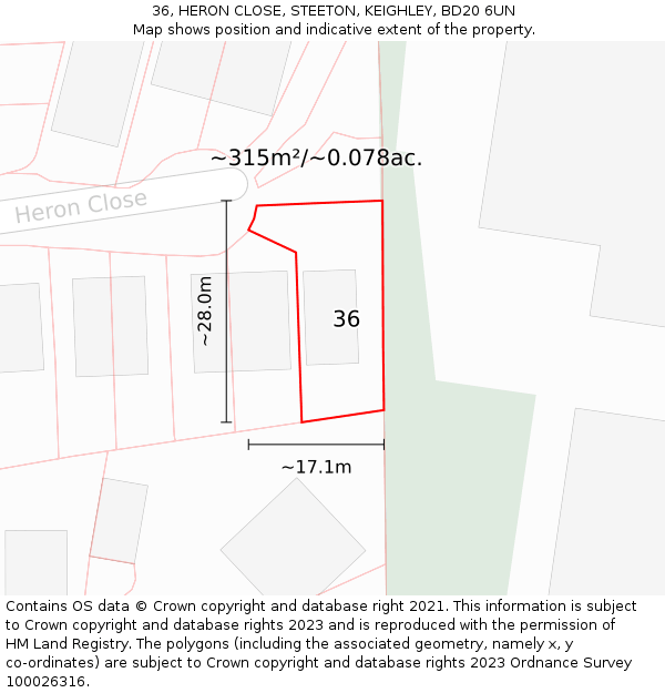 36, HERON CLOSE, STEETON, KEIGHLEY, BD20 6UN: Plot and title map