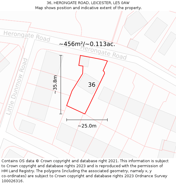 36, HERONGATE ROAD, LEICESTER, LE5 0AW: Plot and title map