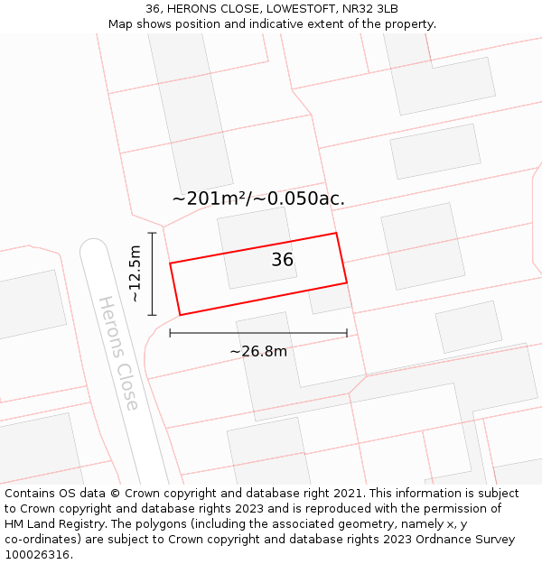 36, HERONS CLOSE, LOWESTOFT, NR32 3LB: Plot and title map