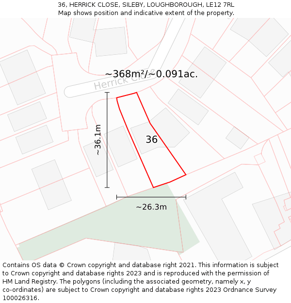 36, HERRICK CLOSE, SILEBY, LOUGHBOROUGH, LE12 7RL: Plot and title map