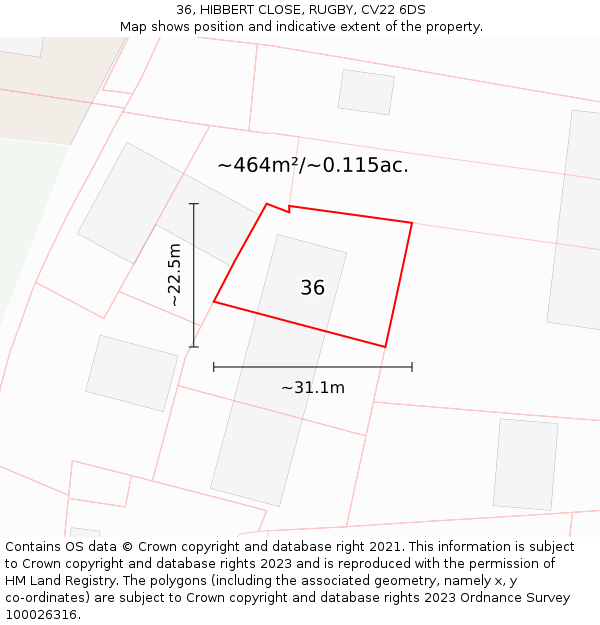 36, HIBBERT CLOSE, RUGBY, CV22 6DS: Plot and title map