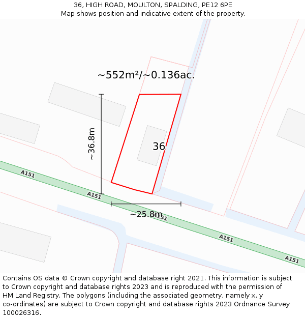 36, HIGH ROAD, MOULTON, SPALDING, PE12 6PE: Plot and title map
