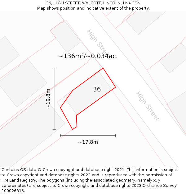 36, HIGH STREET, WALCOTT, LINCOLN, LN4 3SN: Plot and title map