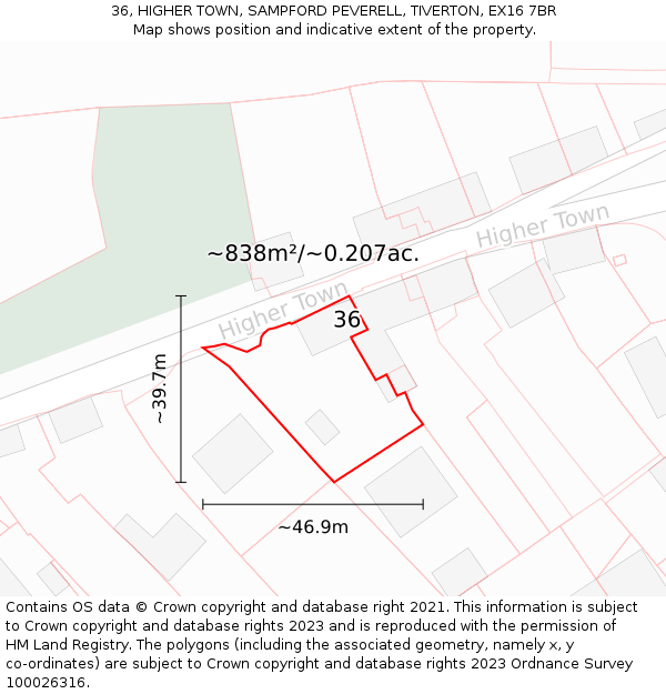 36, HIGHER TOWN, SAMPFORD PEVERELL, TIVERTON, EX16 7BR: Plot and title map