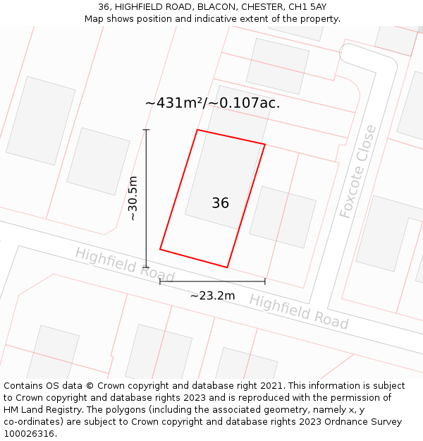 36, HIGHFIELD ROAD, BLACON, CHESTER, CH1 5AY: Plot and title map