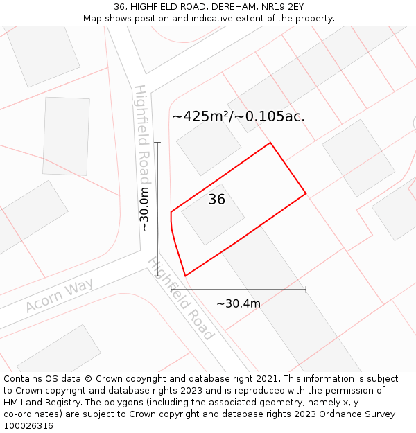 36, HIGHFIELD ROAD, DEREHAM, NR19 2EY: Plot and title map