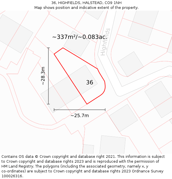 36, HIGHFIELDS, HALSTEAD, CO9 1NH: Plot and title map