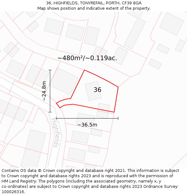 36, HIGHFIELDS, TONYREFAIL, PORTH, CF39 8GA: Plot and title map