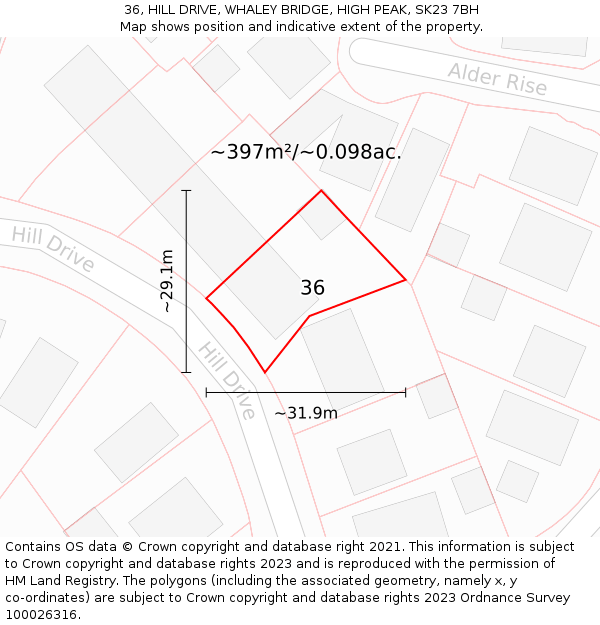 36, HILL DRIVE, WHALEY BRIDGE, HIGH PEAK, SK23 7BH: Plot and title map