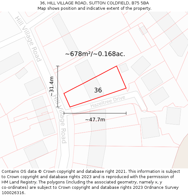 36, HILL VILLAGE ROAD, SUTTON COLDFIELD, B75 5BA: Plot and title map