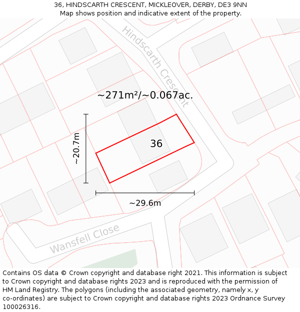 36, HINDSCARTH CRESCENT, MICKLEOVER, DERBY, DE3 9NN: Plot and title map