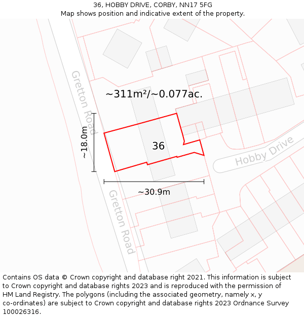 36, HOBBY DRIVE, CORBY, NN17 5FG: Plot and title map