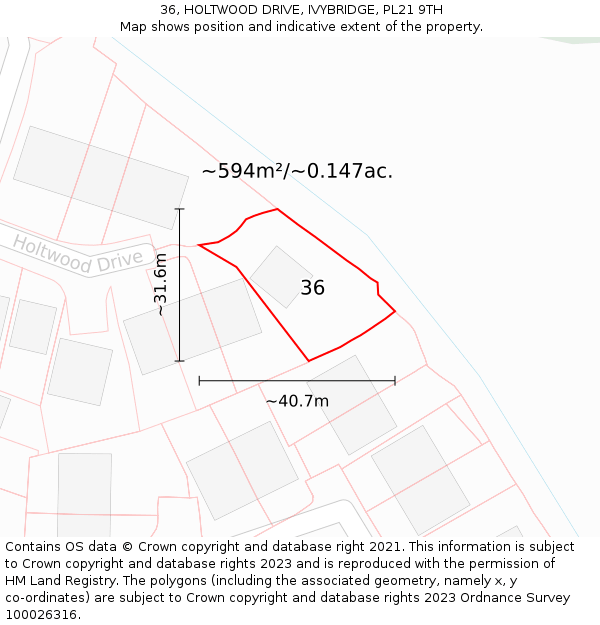 36, HOLTWOOD DRIVE, IVYBRIDGE, PL21 9TH: Plot and title map