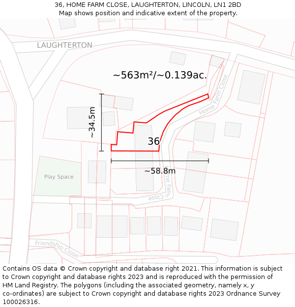 36, HOME FARM CLOSE, LAUGHTERTON, LINCOLN, LN1 2BD: Plot and title map