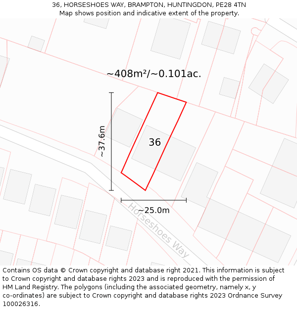 36, HORSESHOES WAY, BRAMPTON, HUNTINGDON, PE28 4TN: Plot and title map