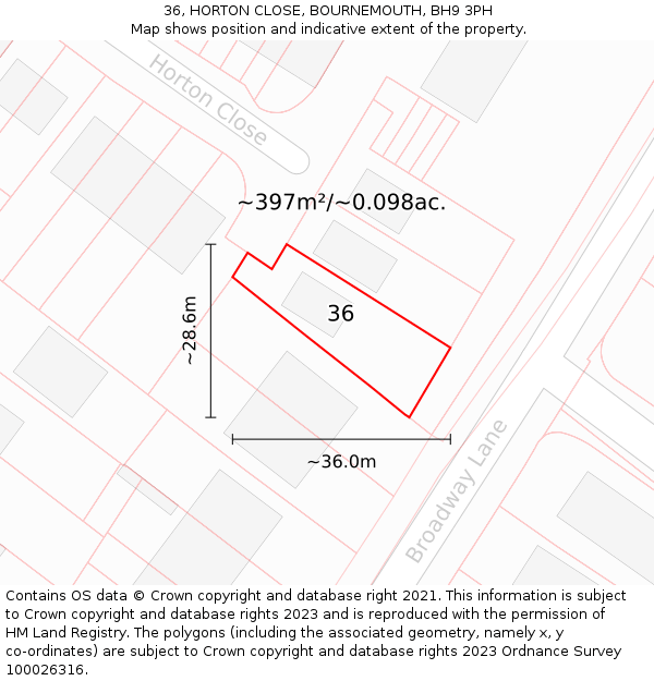 36, HORTON CLOSE, BOURNEMOUTH, BH9 3PH: Plot and title map
