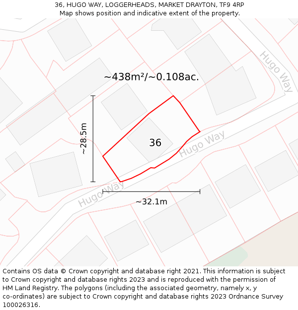 36, HUGO WAY, LOGGERHEADS, MARKET DRAYTON, TF9 4RP: Plot and title map