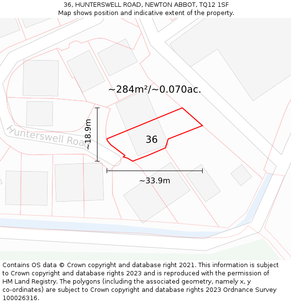 36, HUNTERSWELL ROAD, NEWTON ABBOT, TQ12 1SF: Plot and title map