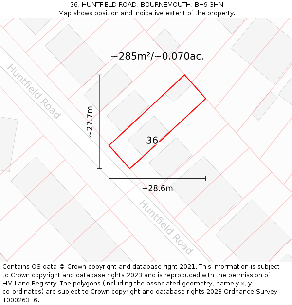 36, HUNTFIELD ROAD, BOURNEMOUTH, BH9 3HN: Plot and title map