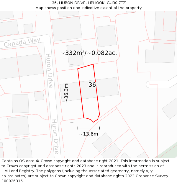 36, HURON DRIVE, LIPHOOK, GU30 7TZ: Plot and title map