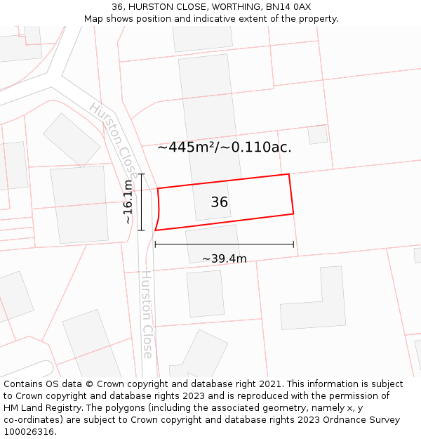 36, HURSTON CLOSE, WORTHING, BN14 0AX: Plot and title map