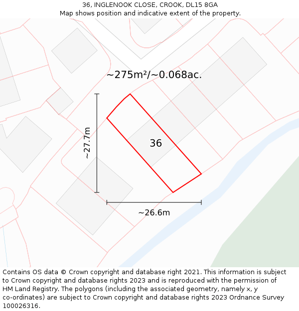 36, INGLENOOK CLOSE, CROOK, DL15 8GA: Plot and title map