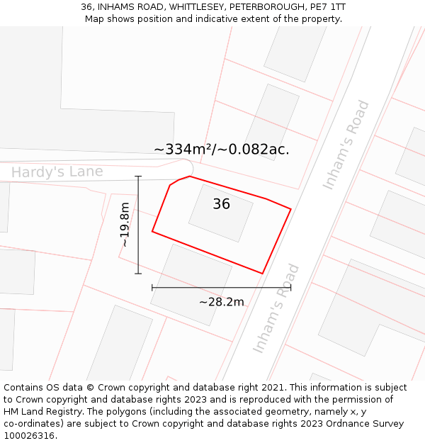 36, INHAMS ROAD, WHITTLESEY, PETERBOROUGH, PE7 1TT: Plot and title map