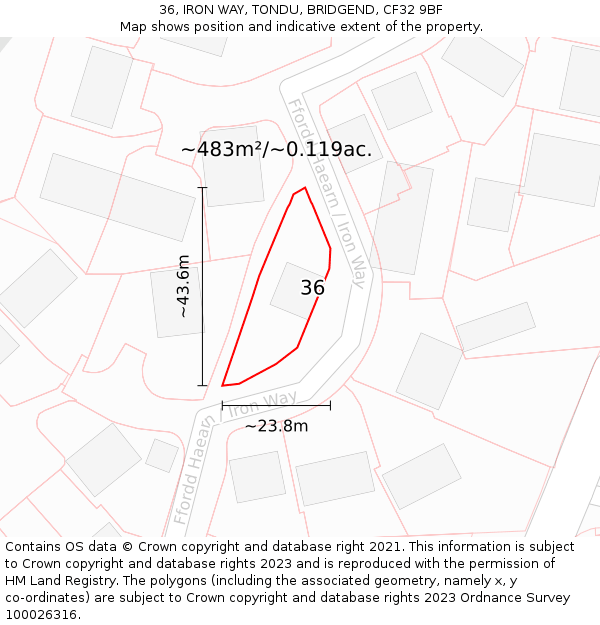 36, IRON WAY, TONDU, BRIDGEND, CF32 9BF: Plot and title map