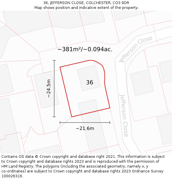 36, JEFFERSON CLOSE, COLCHESTER, CO3 9DR: Plot and title map