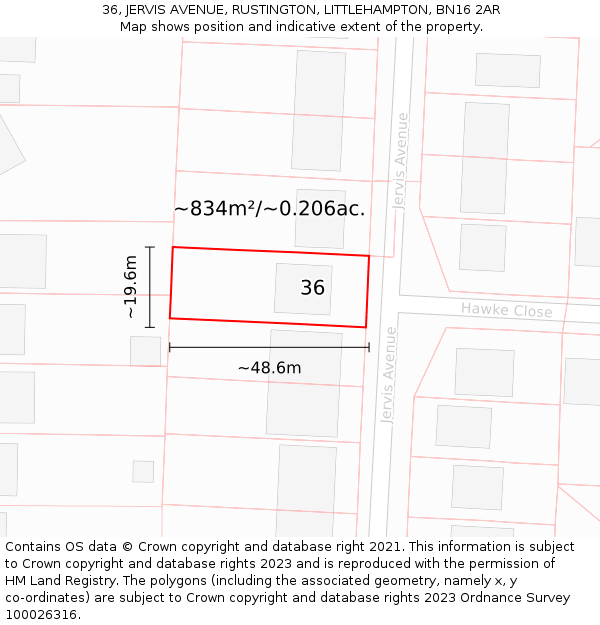 36, JERVIS AVENUE, RUSTINGTON, LITTLEHAMPTON, BN16 2AR: Plot and title map