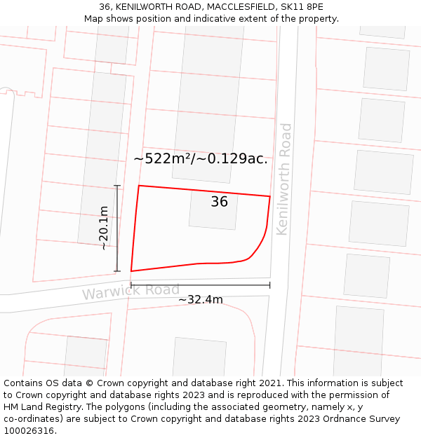 36, KENILWORTH ROAD, MACCLESFIELD, SK11 8PE: Plot and title map