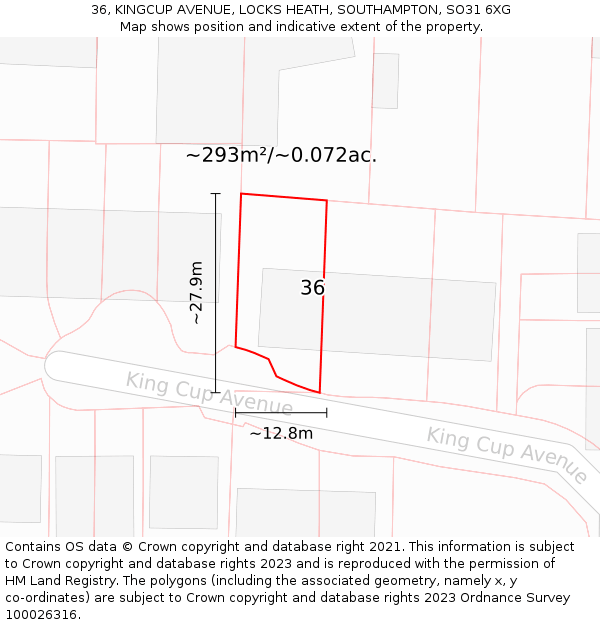 36, KINGCUP AVENUE, LOCKS HEATH, SOUTHAMPTON, SO31 6XG: Plot and title map
