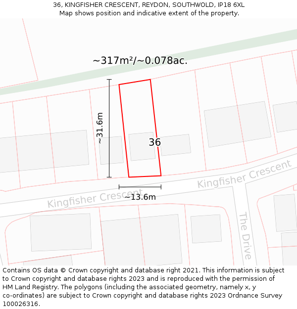 36, KINGFISHER CRESCENT, REYDON, SOUTHWOLD, IP18 6XL: Plot and title map