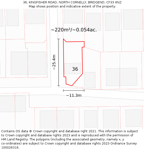 36, KINGFISHER ROAD, NORTH CORNELLY, BRIDGEND, CF33 4NZ: Plot and title map