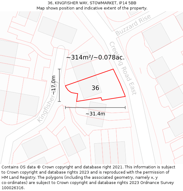 36, KINGFISHER WAY, STOWMARKET, IP14 5BB: Plot and title map