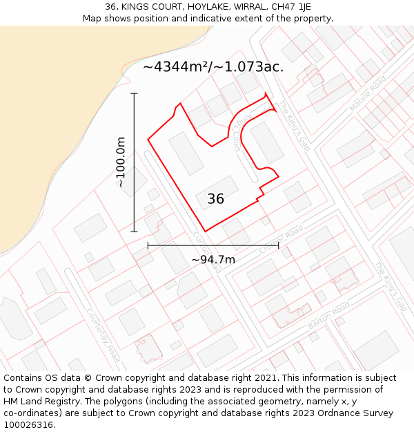 36, KINGS COURT, HOYLAKE, WIRRAL, CH47 1JE: Plot and title map