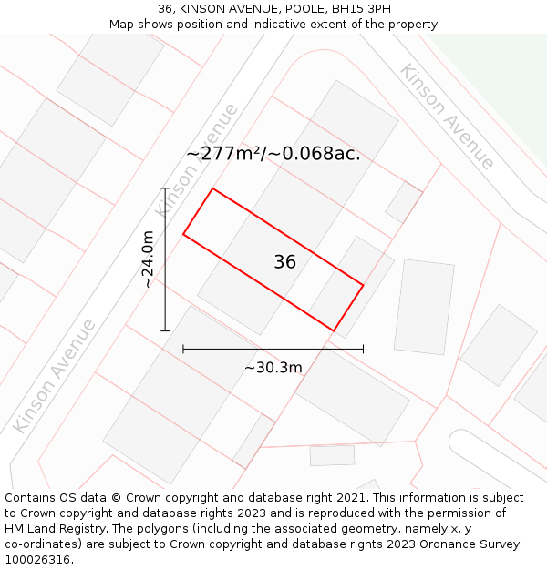 36, KINSON AVENUE, POOLE, BH15 3PH: Plot and title map