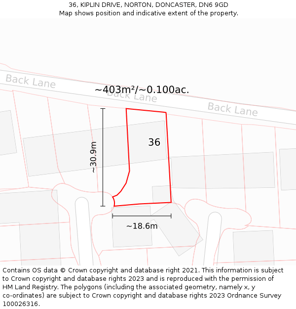 36, KIPLIN DRIVE, NORTON, DONCASTER, DN6 9GD: Plot and title map