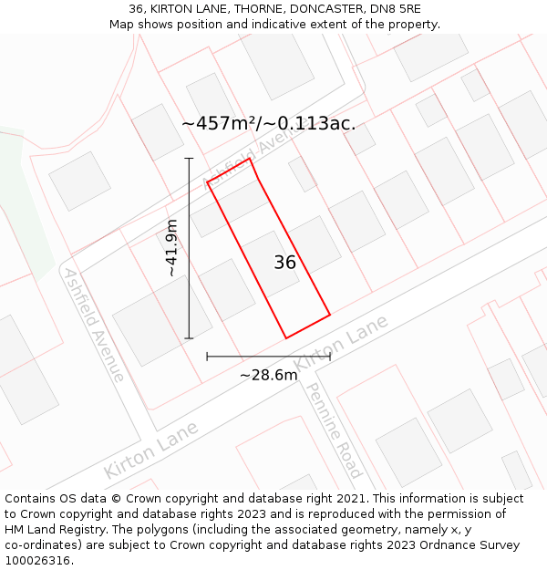 36, KIRTON LANE, THORNE, DONCASTER, DN8 5RE: Plot and title map