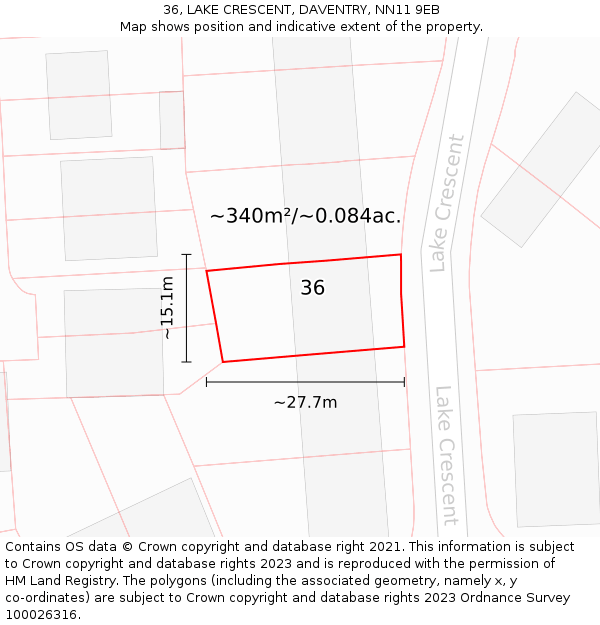 36, LAKE CRESCENT, DAVENTRY, NN11 9EB: Plot and title map