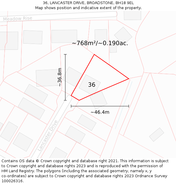 36, LANCASTER DRIVE, BROADSTONE, BH18 9EL: Plot and title map