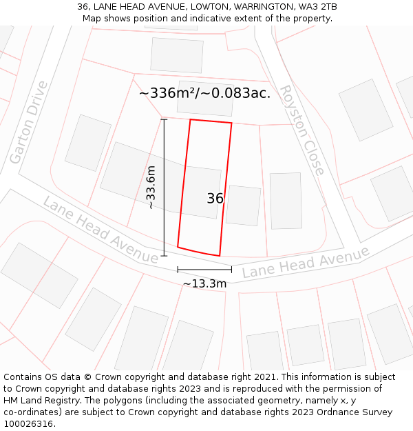 36, LANE HEAD AVENUE, LOWTON, WARRINGTON, WA3 2TB: Plot and title map