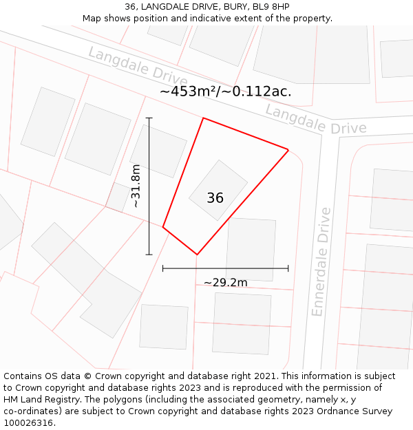 36, LANGDALE DRIVE, BURY, BL9 8HP: Plot and title map