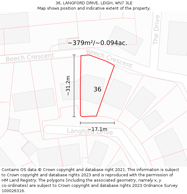 36, LANGFORD DRIVE, LEIGH, WN7 3LE: Plot and title map