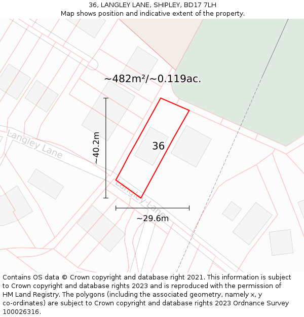36, LANGLEY LANE, SHIPLEY, BD17 7LH: Plot and title map