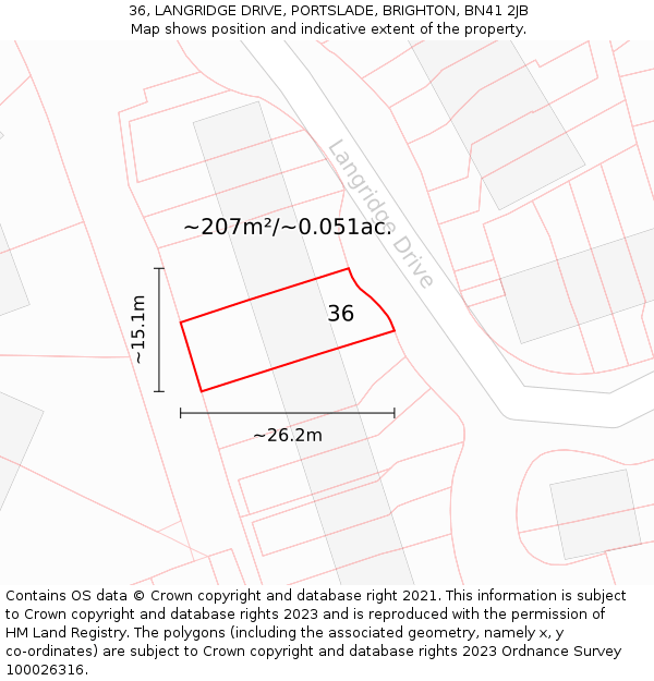 36, LANGRIDGE DRIVE, PORTSLADE, BRIGHTON, BN41 2JB: Plot and title map