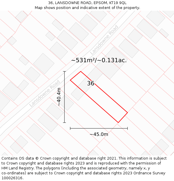 36, LANSDOWNE ROAD, EPSOM, KT19 9QL: Plot and title map