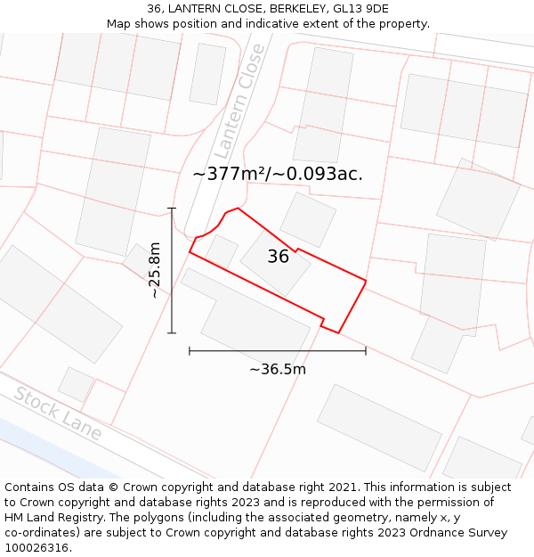 36, LANTERN CLOSE, BERKELEY, GL13 9DE: Plot and title map